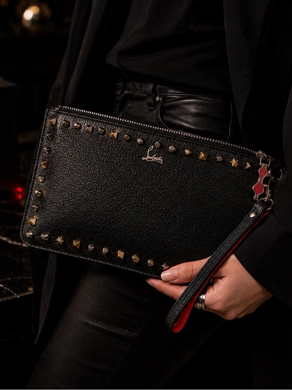 Christian Louboutin Black Studded Leather Wristlet Clutch Chain Pouch Black Red - Picture 9 of 9